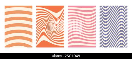 Set mit groovigem Wellenstreifen. Handgezeichnete groovige Hippie-Hintergründe. Verzerrte, ungleichmäßige Streifen, verzerrte Streifen, flüssige Wellenlinien, Kritzelwellen Stock Vektor