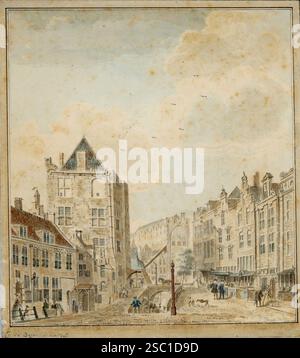 Gezicht vanaf de Ganzenmarkt te Utrecht in de richting van de Oudegracht traf in het midden het wed naar de werf links het huis Keyserrijk en op de ach. Stockfoto