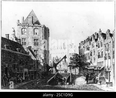 Gezicht vanaf de Ganzenmarkt te Utrecht in de richting van de Oudegracht traf in het midden het wed naar de werf links van het midden het huis Keyserri. Stockfoto