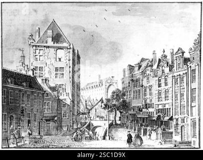 Gezicht vanaf de Ganzenmarkt te Utrecht in de richting van de Oudegracht traf in het midden het wed naar de werf links het huis Keyserrijk en op de ach. Stockfoto