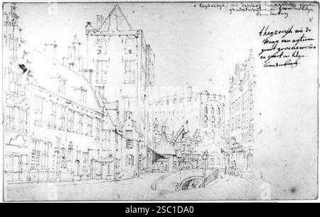 Gezicht vanaf de Ganzenmarkt te Utrecht in de richting van de Oudegracht traf in het midden het wed naar de werf links van het midden het huis Keyserri. Stockfoto