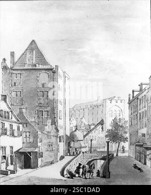 Gezicht vanaf de Ganzenmarkt te Utrecht in de richting van de Oudegracht traf in het midden het wed naar de werf links het huis Keyserrijk en op de ach. Stockfoto