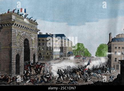 Frankreich. Paris. 1830 Revolution. 28 Juillet. Konfrontation en Saint-Martín Gate. Gravur der Ära. 19. Jahrhundert. Stockfoto