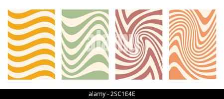 Set mit groovigem Wellenstreifen. Handgezeichnete groovige Hippie-Hintergründe. Verzerrte, ungleichmäßige Streifen, verzerrte Streifen, flüssige Wellenlinien, Kritzelwellen Stock Vektor