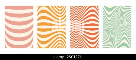 Set mit groovigem Wellenstreifen. Handgezeichnete groovige Hippie-Hintergründe. Verzerrte, ungleichmäßige Streifen, verzerrte Streifen, flüssige Wellenlinien, Kritzelwellen Stock Vektor