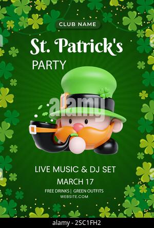 St. Patrick Day Party Poster mit Kobold und Live-Musik Event, Vektor-Illustration Stock Vektor