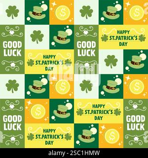 Collage-Muster von St. Patrick Day Symbolen einschließlich Klee, Hüte und Münzen, Vektorillustration Stock Vektor