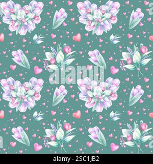 Herzförmiges Blumenstrauß, Tulpen und fliegende Herzen nahtloses Muster auf dunkelgrünem Hintergrund. Handzeichnung zarte Illustration für Valentinstag, Mutter und Frauentag Design, Stoff und Verpackung. Stockfoto
