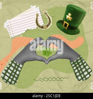 Collage von Händen, die ein Herz bilden, mit einem vierblättrigen Klee für den St. Patrick Day, Vektor-Illustration Stock Vektor