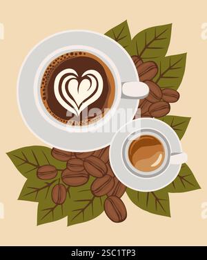 Zwei Kaffeetassen, Espresso, Cappuccino von oben Stock Vektor