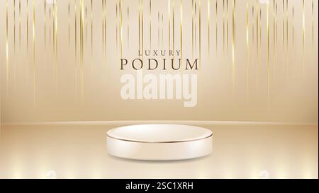Produktpodium mit glitzernden goldenen Kurvenlinien Elemente 3D realistische Design Vektor Illustration Stock Vektor