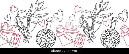 Handgezeichnetes nahtloses Banner mit Sektgläsern, Geschenkbox, Herzen, Liebestrank und Kalender mit Datum 14. Februar. Umrissener Stil für den Valentinstag Stock Vektor