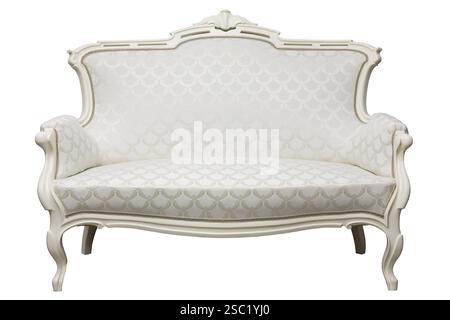 Elegantes helles Zweisitzersofa oder kleines Sofa mit gemusterten Polstern und dekorativen Schnitzereien. Klassisches oder antikes Design. Luxuriöse Möbel für Innen Stockfoto