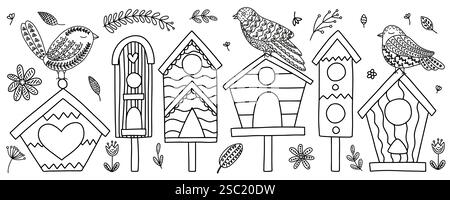 Bird Houses Hand gezeichneter Vektorskizze Set Stock Vektor