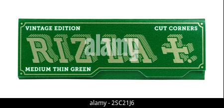 Rizla Green Vintage Edition mitteldicke Zigarettenpapiere mit abgeschnittenen Ecken Stockfoto