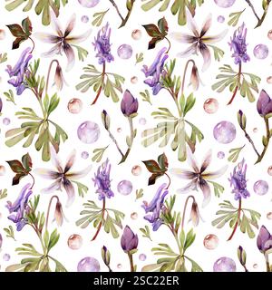 Frühlingswaldblumen, lila corydalis-Wicke Orchidee, weiße Kitzforelle Lilie, braune Blätter, Glasbläschen handgezeichnet in Aquarell. Botanik isoliert Stockfoto