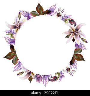 Frühlingswaldblumen, malve Magnolie camelia Knospe, lila corydalis Wicke Orchidee, weiße Erythronium Forelle Lilie handgezeichnet in Aquarell. Kranzrahmen Stockfoto