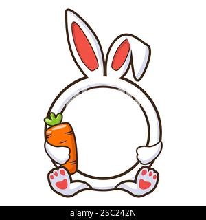 Niedlicher Kaninchenrahmen, der Karotte hält. Tiersymbol. Flacher Rahmen im Cartoon-Stil. Osterhase Kreisrand. Zeichentrickdesign für Grußkarten, Aufkleber oder Stock Vektor