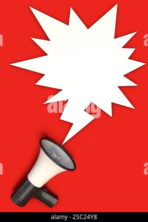 MegaFon mit Sprechblase liegt auf rotem Untergrund, Hochformat Symbolbild zum Thema Werbekampagne, Information, News usw. Stockfoto