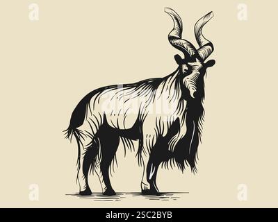 Bergziege mit Bleistift gezeichnet. Logo mit Gravur. Line Art-Logo. Stockfoto
