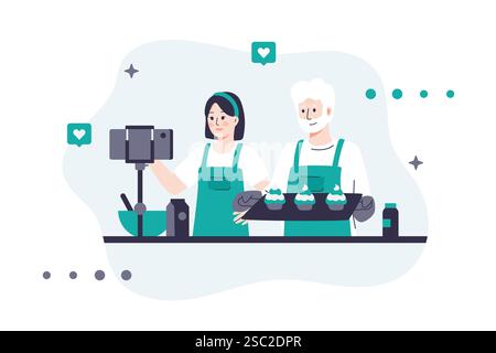Vektor-Illustration eines Food Bloggers, der ein Kochvideo aufnimmt. Ein älterer Mann und eine Frau in Schürzen bereiten Muffins vor, während sie Inhalte streamen. Für bl. Verwenden Stock Vektor