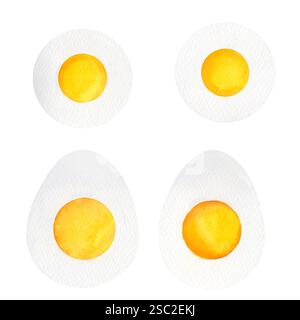 Gekochte Eierhälften mit sattem gelbem Eigelb und glattem weiß. Eine Aquarellillustration ideal für Menüs, Diätpläne, Rezeptbücher, gesunde Lebensweise blo Stockfoto