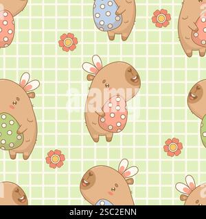 Nahtloses Ostermuster. Lustige Capybara in den Hasenohren mit paschal Polka Dots Ei auf grünem kariertem Hintergrund mit Blumen. Karikaturfilm Kawaii Stock Vektor