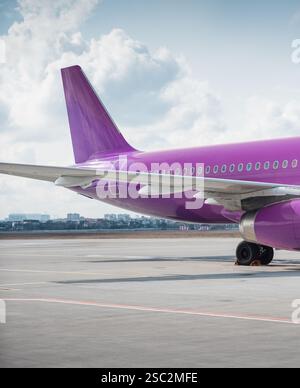 Hinterer Teil eines violetten Flugzeugs, das auf dem Vorfeld am Flughafen geparkt ist. Heckteil von violettem Flugzeug, Flugplatz und bewölktem Himmel im Hintergrund. Stockfoto