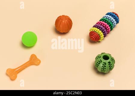 Spielerische Gegenstände wie Spielzeugkugeln, Gummiringe und einen Knochen für Hunde. Stockfoto