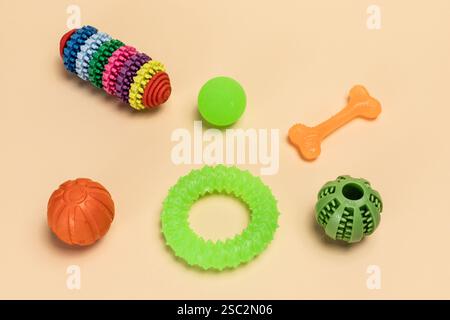 Spielerische Gegenstände für Haustiere wie Spielzeugkugeln, Gummiring und Knochen für Hunde. Stockfoto