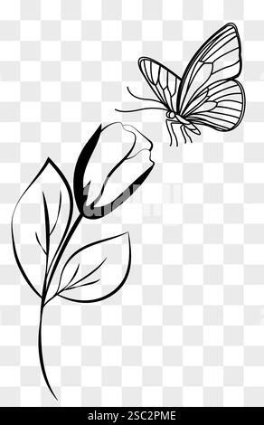 Schmetterling schwebt über einer blühenden Rose in einer Frühlings- oder Sommergartenillustration Stock Vektor