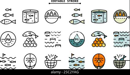 Fischzuchtsymbole gesetzt. Bearbeitbare Kontur. Flaches Set von Fischzuchtsymbolen. Einfache Vektorillustration für mobiles Konzept und Webdesign. Stock Vektor
