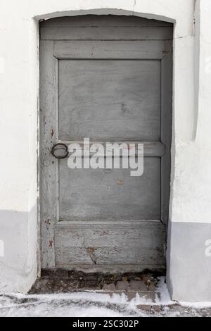 Grungy alte graue Holztür ist in alter Steinmauer, klassische Vintage-Architektur, vertikale Hintergrundtextur, Vorderansicht Stockfoto
