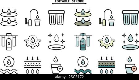 Einfacher Satz wasserbezogener Vektorfarbsymbole. Bearbeitbare Kontur. Symbolgruppe Wasseraufbereitung. Sammlung der Abwasseraufbereitung. Osmose und Desalinatio Stock Vektor