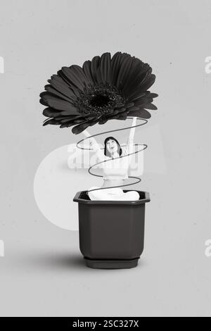 Kreatives Foto 3D Collage Kunstwerk Poster mit einer glücklichen Frau sitzt riesiger Topf mit großer roter Blume isoliert auf Malhintergrund Stockfoto