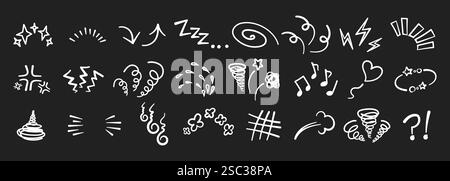 Manga oder Anime Comic Emoticon Element grafische Effekte Hand gezeichnet Kritzelvektor Illustration Set isoliert auf schwarzem Hintergrund. Manga-Doodle im Linienstil Stock Vektor
