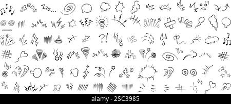 Manga oder Anime Comic Emoticon Element grafische Effekte Hand gezeichnet Kritzelvektor Illustration Set isoliert auf weißem Hintergrund. Stock Vektor