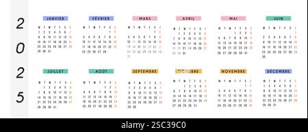 Moderner französischer Kalender 2025 mit minimalistischem horizontalem Layout. Farbcodierte Monate mit einem klaren Design für Organisation und Planung. Die Woche beginnt am Stock Vektor