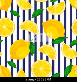 Zitrone ganz und geschnitten und marineblaue Streifen Vektor nahtloses Muster. Hintergrund der tropischen Zitrusfrüchte. Vektor-Zeichentrick-Illustration. Mehrfarbiges Stoffdesign Stock Vektor