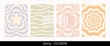 Abstrakte psychedelische Retro-Hintergründe gesetzt. Groovige Muster in hellen Pastellfarben. Trendige verdrehte, funky Vektortextur im abstrakten y2k-Stil Stock Vektor
