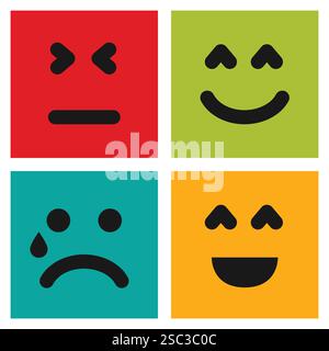Set aus vier farbenfrohen Emoticons mit lächelnden, weinenden und unzufriedenen Gesichtern. Emoji-Symbol im Quadrat. Abgewickeltes Hintergrundmuster. Vektorabbildung Stock Vektor