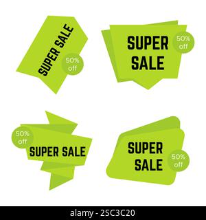 Set mit vier grünen Super Sale-Aufklebern mit Text. Vorlage für Verkaufsetiketten. Vektorabbildung Stock Vektor