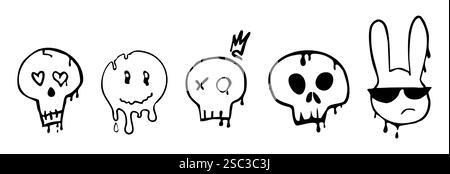 Graffiti Gangster Tattoo Elemente, Farbspritzer, Spray. Herzgesicht, Schädelset. Doodle Gunge groovige Druckkrone, Kirsche, Gruselset,. Vektorabbildung Stock Vektor