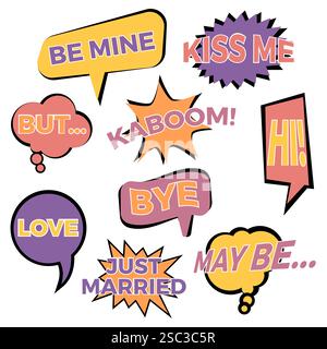 Set aus neun Comic-Ballon-Sprechblasen im flachen Stil. Elemente von Design-Comic-Büchern mit verschiedenen Phrasen. Vektorabbildung Stock Vektor