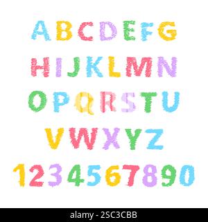 Handgezeichnete lateinische Buchstaben und Zahlen. Moderne Großbuchstaben und Schriftart. Mehrfarbige Symbole auf weißem Hintergrund. Vektorabbildung. Stock Vektor
