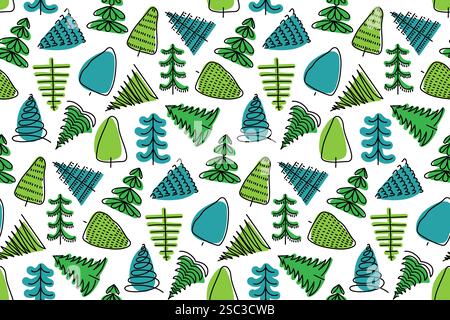 Farbenfrohes Muster mit verschiedenen Baumillustrationen auf weißem Hintergrund Stock Vektor