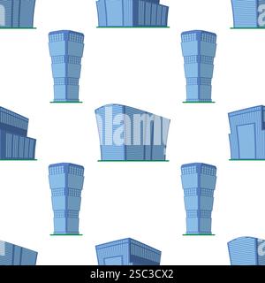 Nahtloses Muster mit modernem isometrischem Gebäude auf weißem Hintergrund. Blick auf das Gebäude von unten. Vektorabbildung. Stock Vektor
