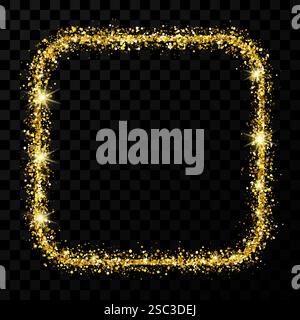 Goldener Glitzerrahmen. Quadrat mit abgerundeten Ecken Rahmen mit glänzenden Glitzern auf dunklem transparentem Hintergrund. Vektorabbildung Stock Vektor
