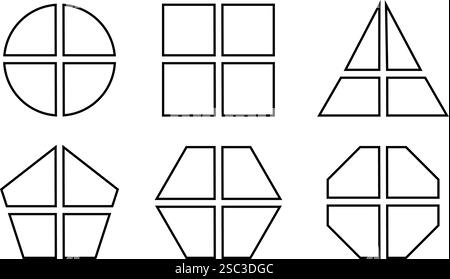 Set aus geometrischen runden, quadratischen und dreieckigen Formen, pentagon, Sechskant und Achteck, unterteilt in 4 gleiche Sektoren. Einfache Diagramme, Geschäftsdiagramme, die in vier Teile unterteilt sind. Vektorgrafik. Stock Vektor