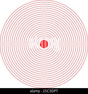 Rote konzentrische Kreise. Symbol für die Schmerzlokalisierung. Symbol für Schmerzen, Schmerzen oder Entzündungen. Puls-, Stoß-, Strahlungs- oder Vibrationszeichen. Abdeckung oder Beschädigung, Funksignalpiktogramme. Vektorabbildung. Stock Vektor